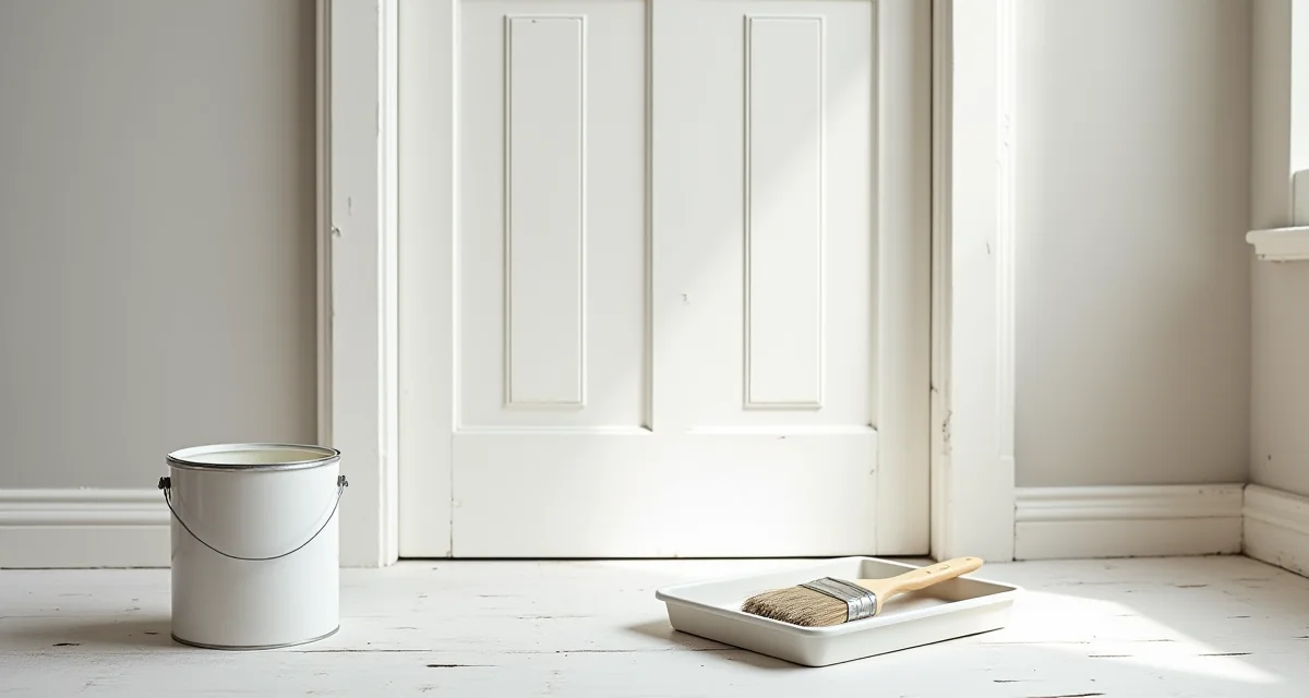 Pannello di porta in legno parzialmente rivestito con primer bianco Cementite e pennello su vassoio