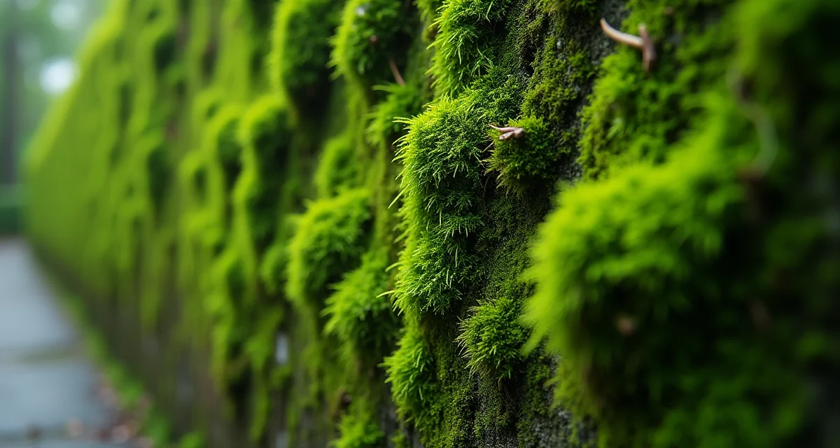 Muro di cemento bio-ricettivo ricoperto da muschio verde vivo che dimostra la capacità di assorbimento dell'inquinamento atmosferico
