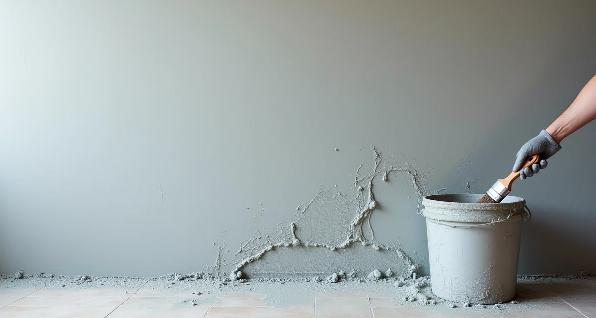 Applicazione di stucco impermeabilizzante grigio su parete scantinata con pennello e secchio