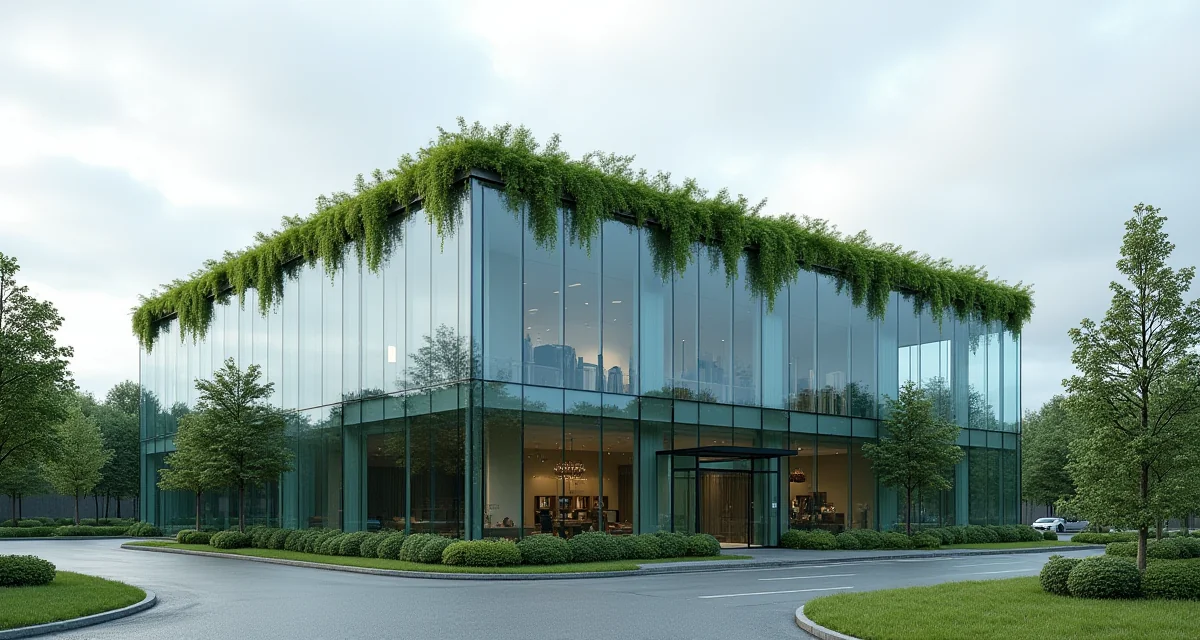 Edificio ufficio moderno con tetto verde e facciata in vetro per certificazione BREEAM sostenibile
