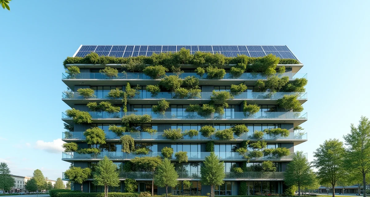 Edificio ufficio moderno certificato LEED con facciata verde e pannelli solari sotto cielo blu