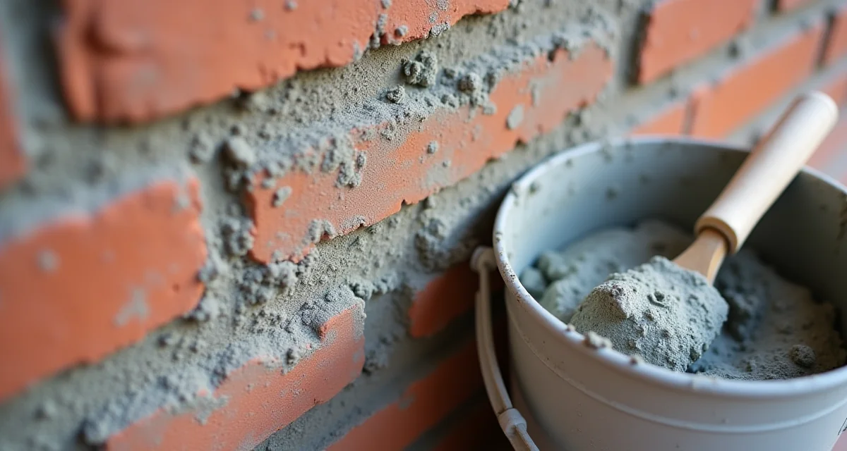 Mortaio cementizio fresco applicato tra i mattoni con una cazzuola appoggiata su un secchio per la costruzione di un muro