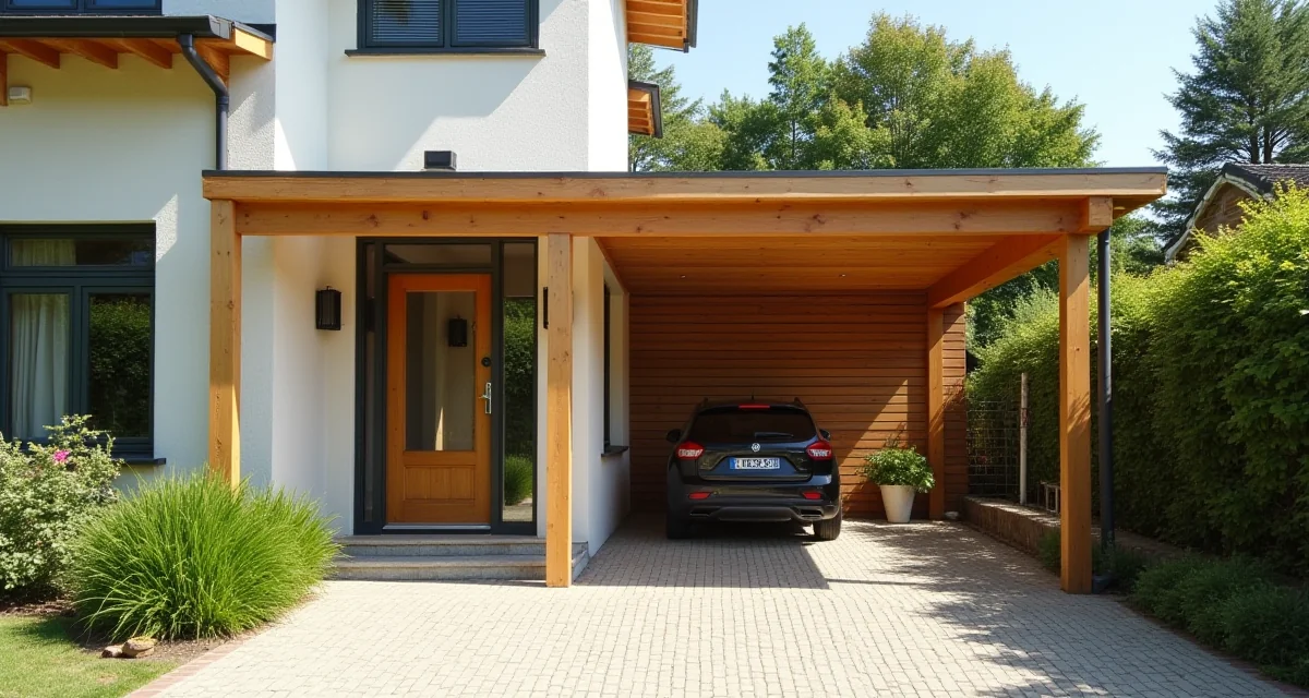 Pensilina in vetro sopra l'ingresso e tettoia in legno per auto sotto il sole