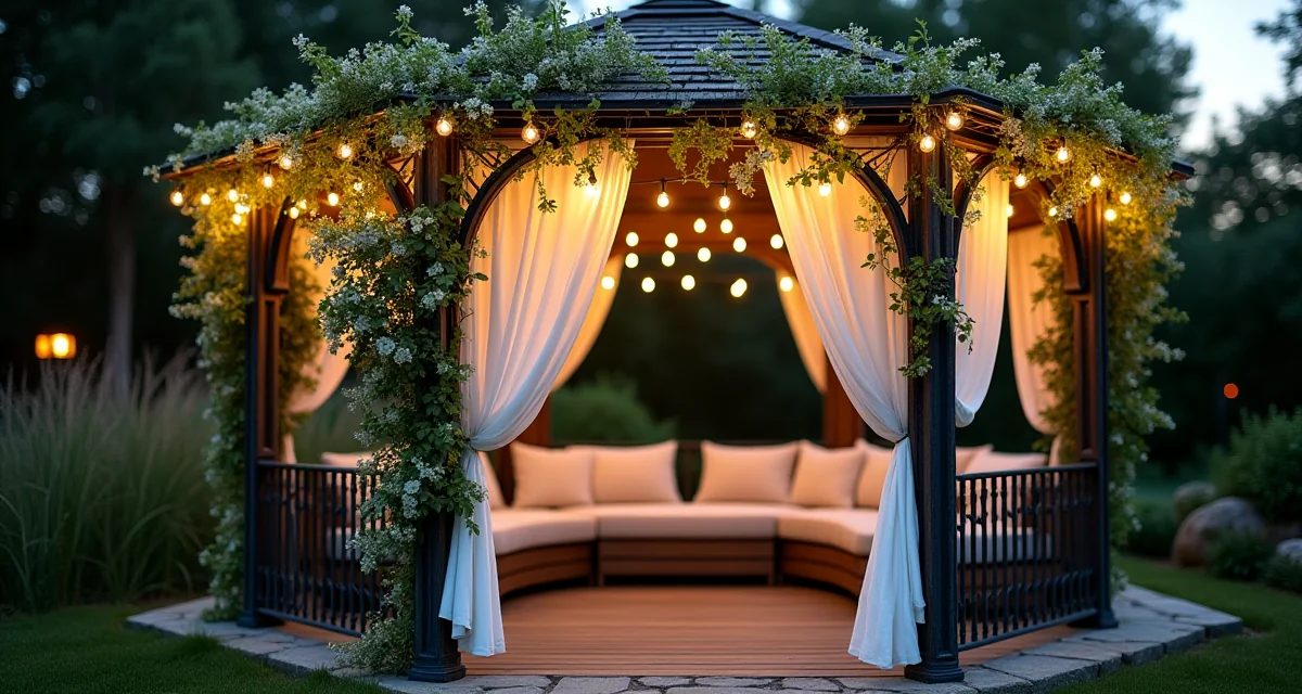Gazebo in ferro battuto decorato con gelsomino rampicante e luci natalizie nel giardino estivo