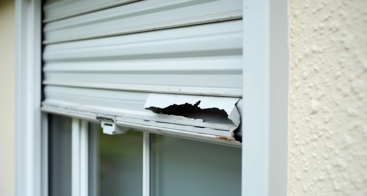 Tapparella in PVC danneggiata con lamelle rotte e storte su finestra esterna