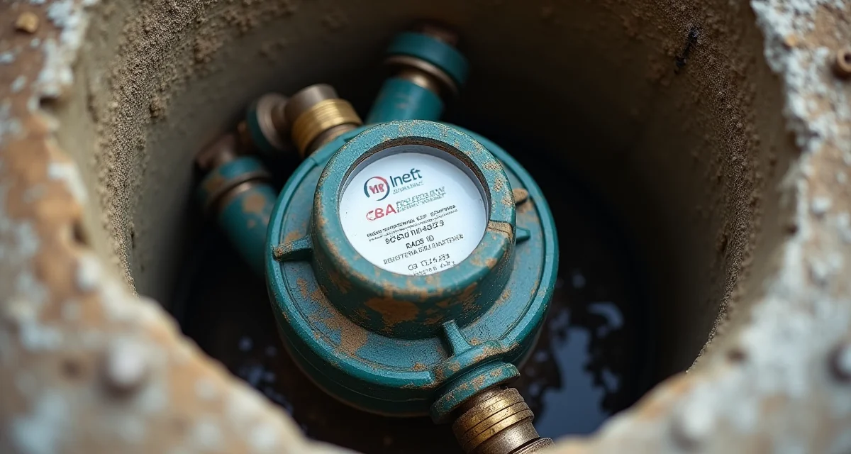 Contatore dell'acqua residenziale con sigillo di plastica installato in una pozzetto di cemento