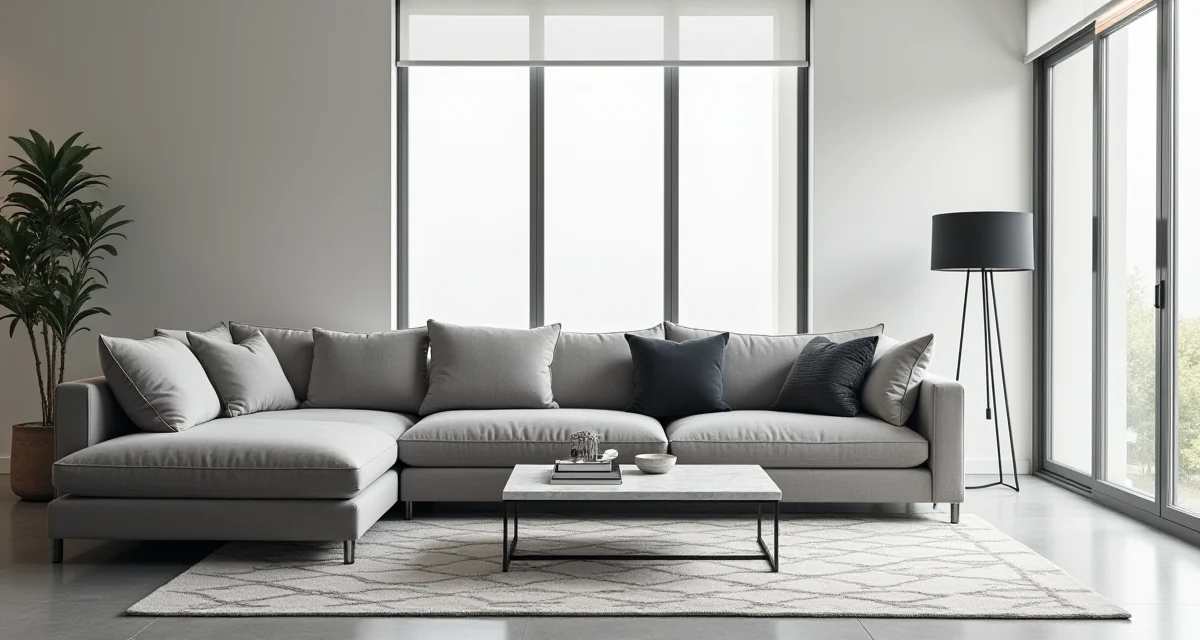 Soggiorno moderno con divano grigio, tavolino in marmo e tappeto geometrico