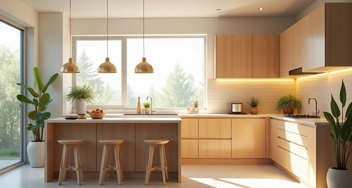 Cucina moderna luminosa con isola centrale, armadietti in legno e lampade a sospensione