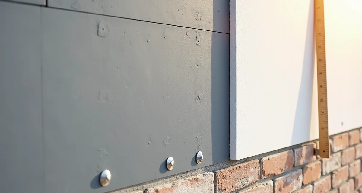 Pannelli isolanti in grafite fissati al muro con tasselli e righello pieghevole che mostra lo spessore dell'isolante termico