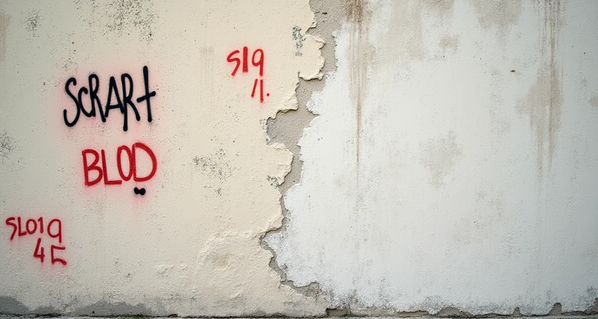 Pulizia di un muro intonacato con graffiti a spruzzo che rivela la superficie chiara sottostante