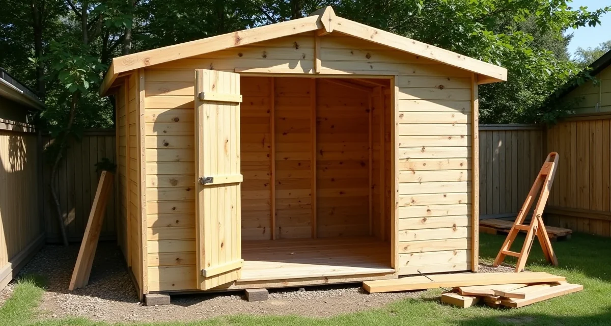 Struttura in legno per capanno da giardino con pannelli montati su base e tavole di legno