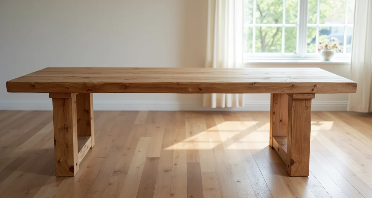 Tavolo da pranzo rustico in legno massello con venature visibili e giunt semplici delle gambe