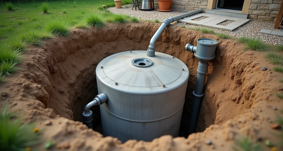 Cisterna interrata in calcestruzzo per raccolta acqua piovana installata nel giardino di una casa italiana