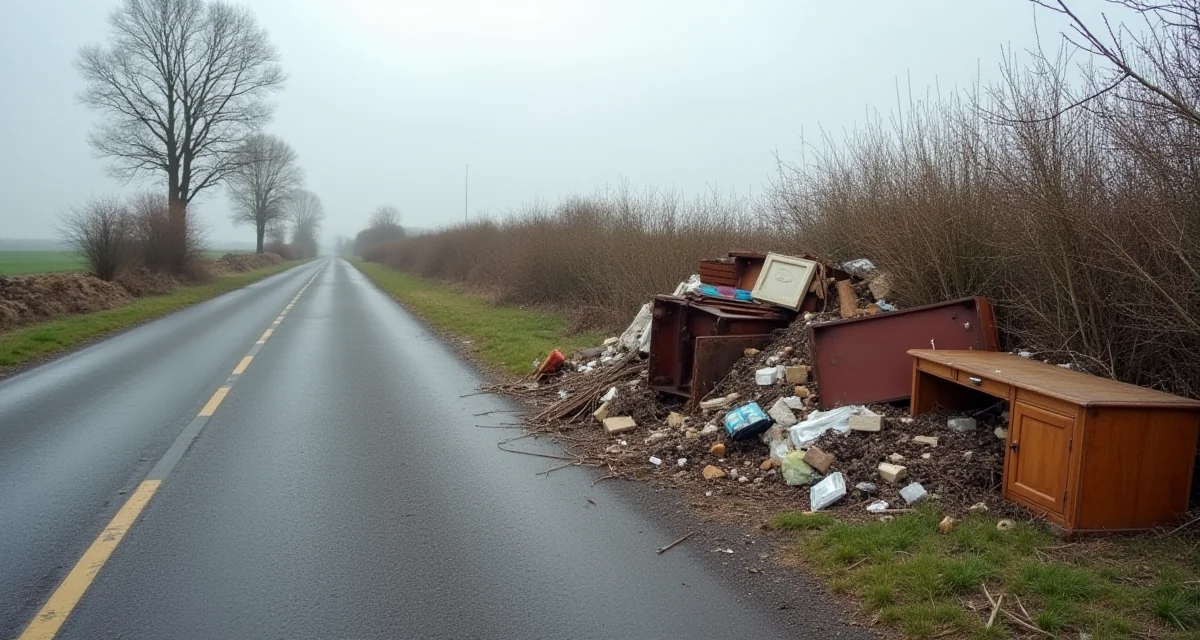 Rifiuti abbandonati e vecchi mobili sul ciglio di una strada di campagna sotto un cielo coperto
