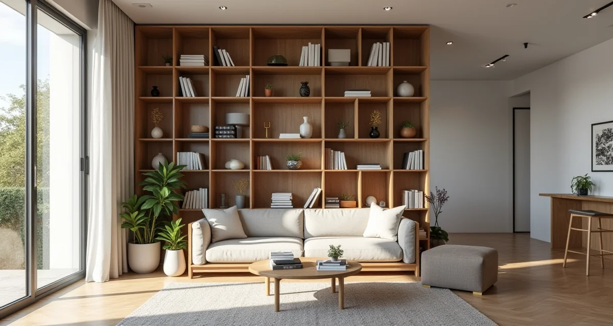 Libreria alta in legno che funge da divisore tra soggiorno e studio in un appartamento open space illuminato dalla luce naturale