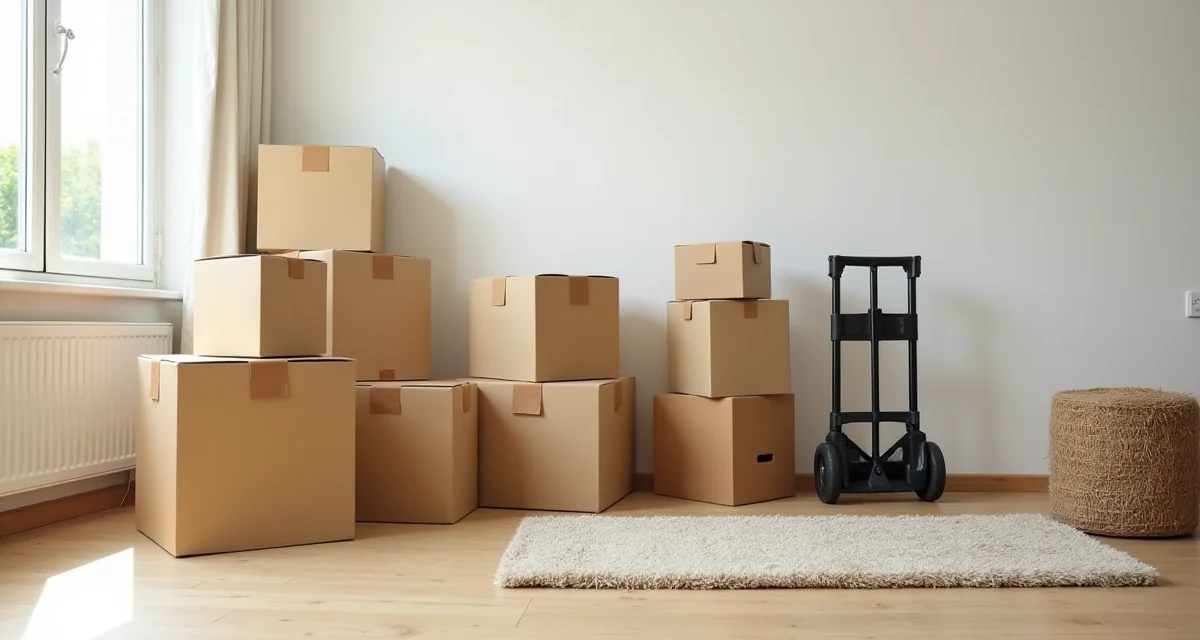 Soggiorno con scatole di cartone, carrello e tappeto arrotolato pronti per il trasloco fai da te