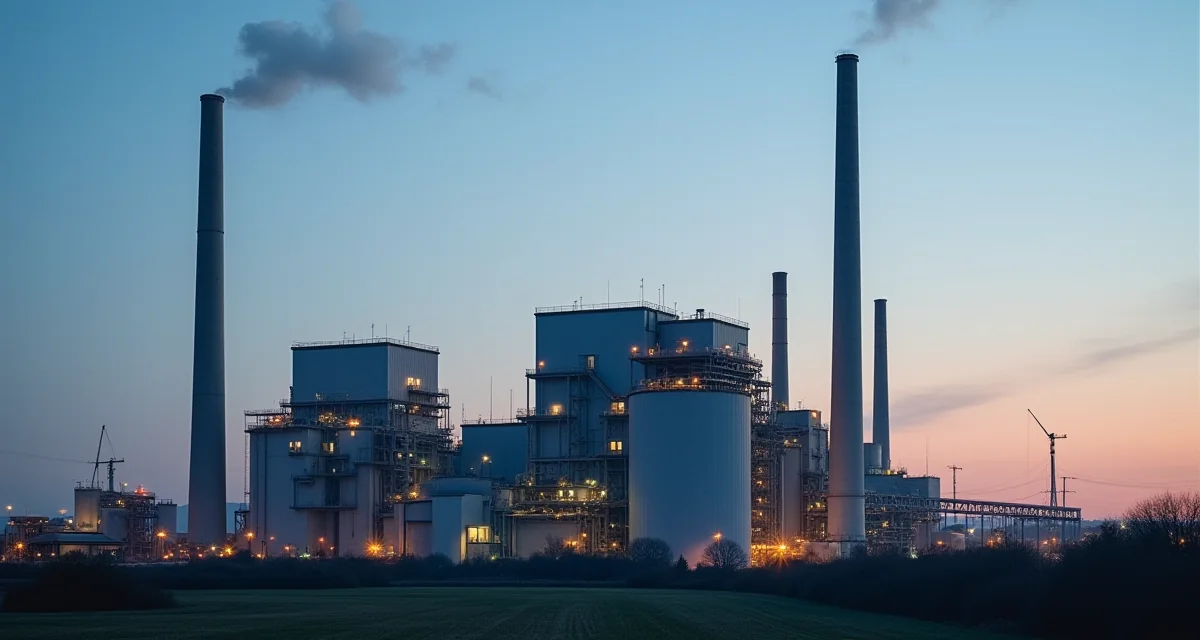 Impianto moderno di termovalorizzazione con ciminiera alta e strutture in acciaio visibile all'esterno al crepuscolo
