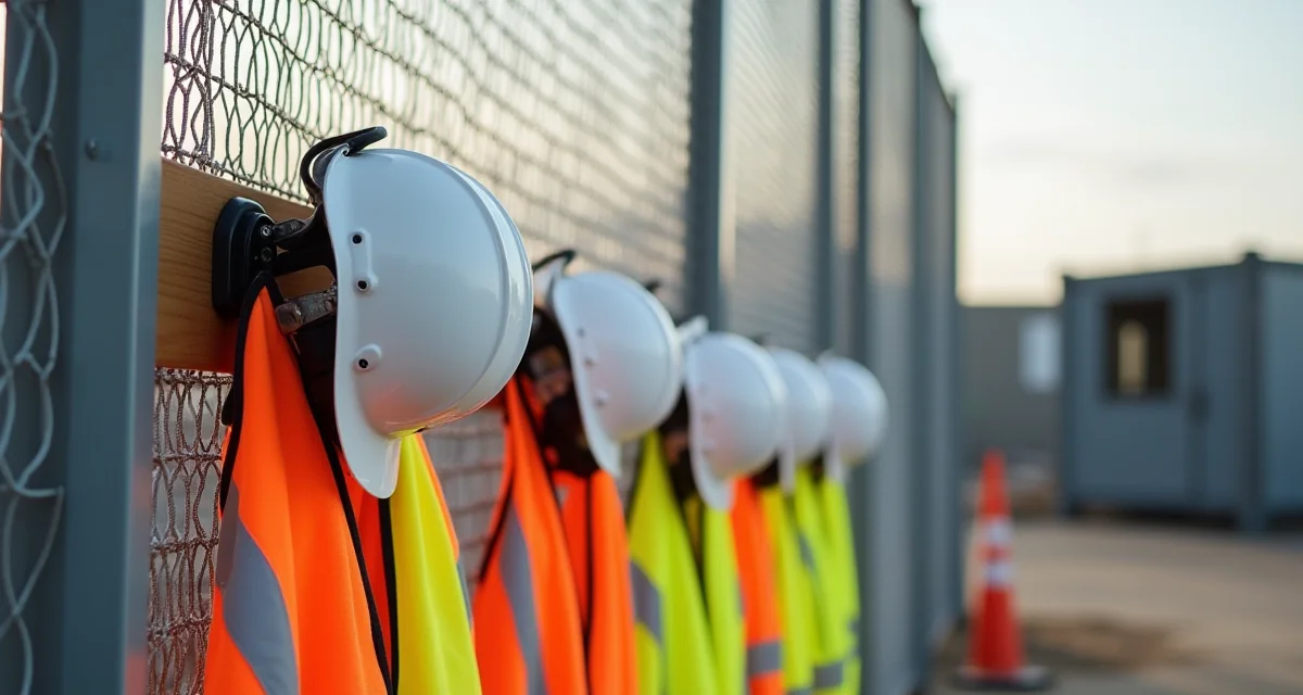 Ingresso di un cantiere con recinzione, caschi e gilet ad alta visibilità appesi davanti al box di cantiere