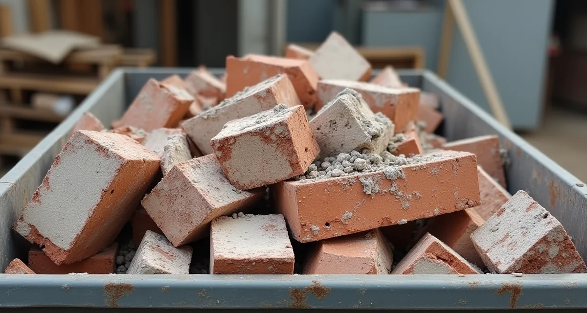 Rifiuti edili come mattoni rotti e calcestruzzo in un cassone su cantiere di ristrutturazione
