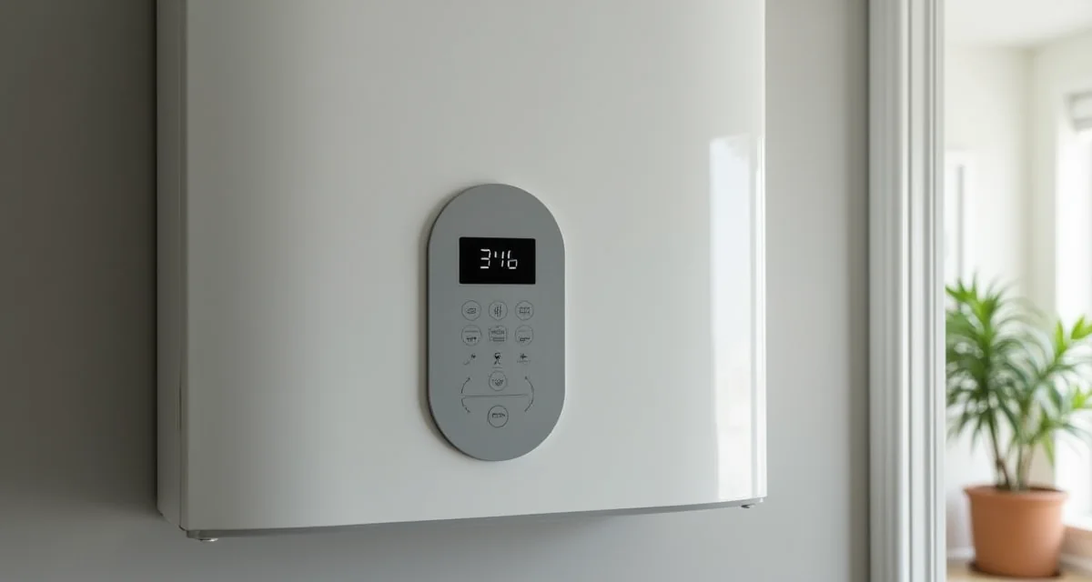 Caldaia a condensazione moderna con termostato digitale montata a parete in un locale tecnico ordinato e illuminato