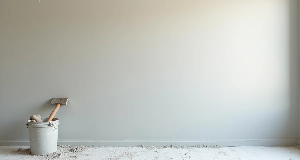 Muro interno parzialmente intonacato con malta grigia e attrezzi da lavoro su telo protettivo