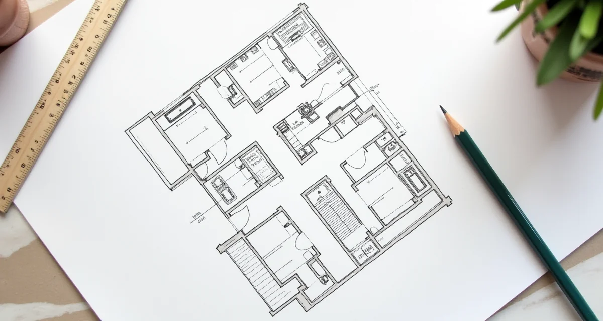Piantina dell'appartamento su tavolo con matita e riga per la lettura delle planimetrie immobiliari