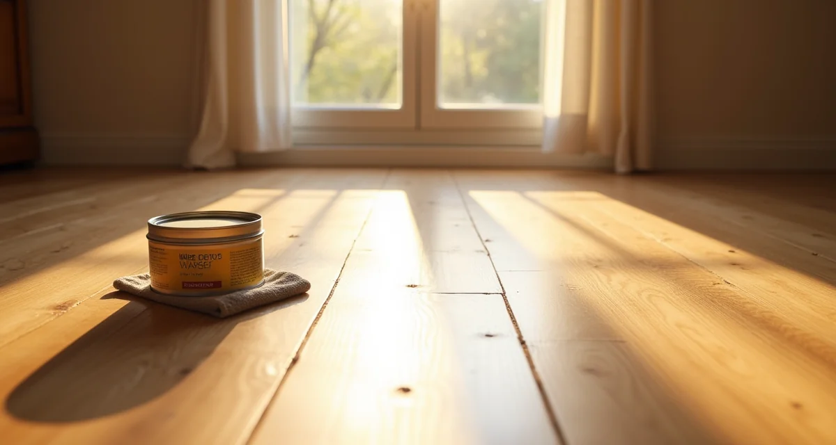 Parquet in rovere appena cerato con barattolo di cera e applicatore su pavimento lucido
