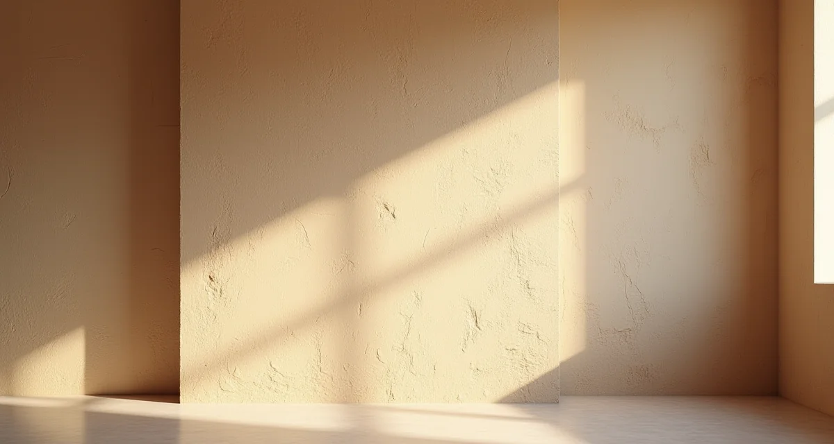 Parete materica con intonaco ruvido e tonalità calde illuminate da luce radente per esaltare la texture