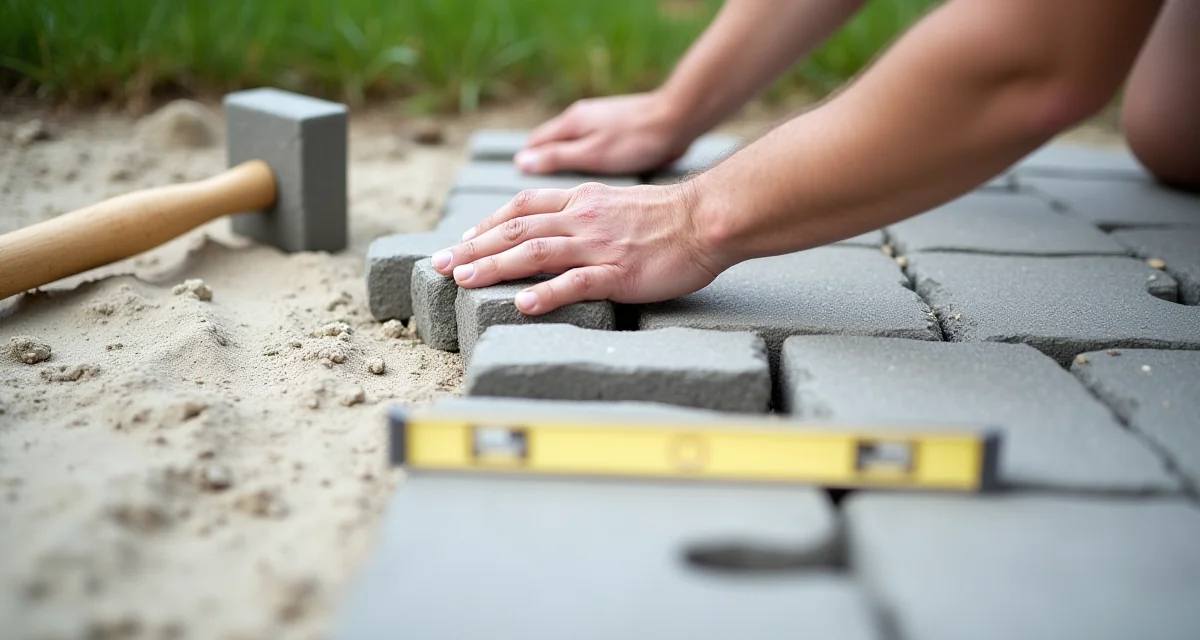 Posa di betonelle grigie su letto sabbioso con martello in gomma e livella per il fai da te