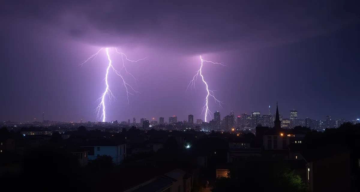 Fulmini che colpiscono il cielo notturno sopra una città con case in primo piano durante un temporale