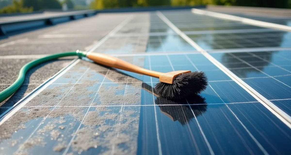 Pannelli solari sul tetto con metà pulita e spazzola morbida per la manutenzione dei moduli fotovoltaici
