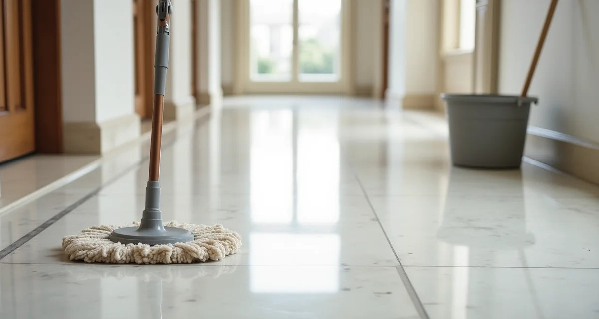 Pavimento in marmo levigato opaco con mop e secchio per la pulizia sotto luce naturale
