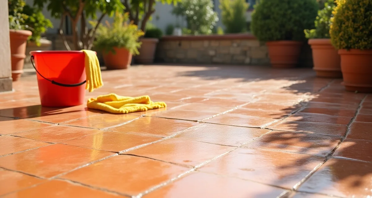 Pavimento in klinker rosso terracotta su terrazza esterna con secchio e scopa per la pulizia