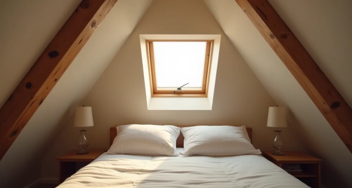 Soffitta convertita con travi a vista, lucernario e letto in luce calda
