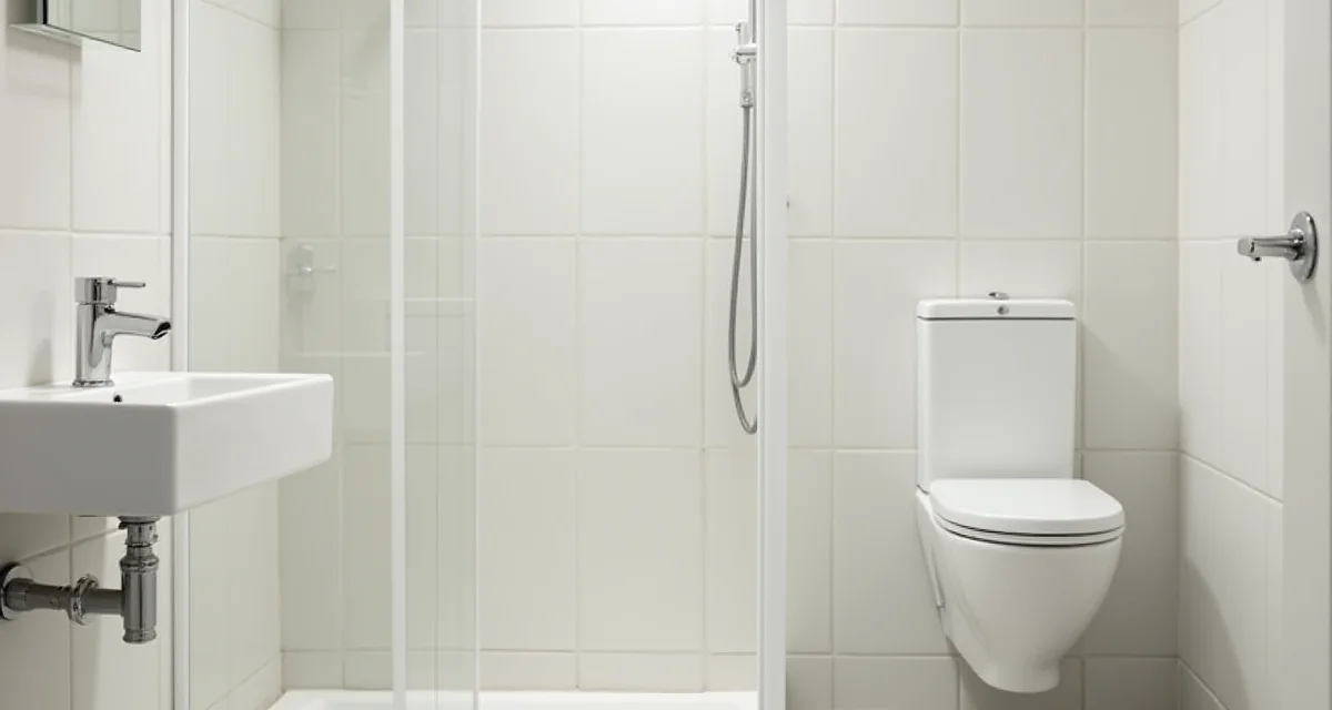 Bagno nuovo di piccole dimensioni con doccia compatta, wc sospeso e lavabo rivestito da piastrelle bianche fresche