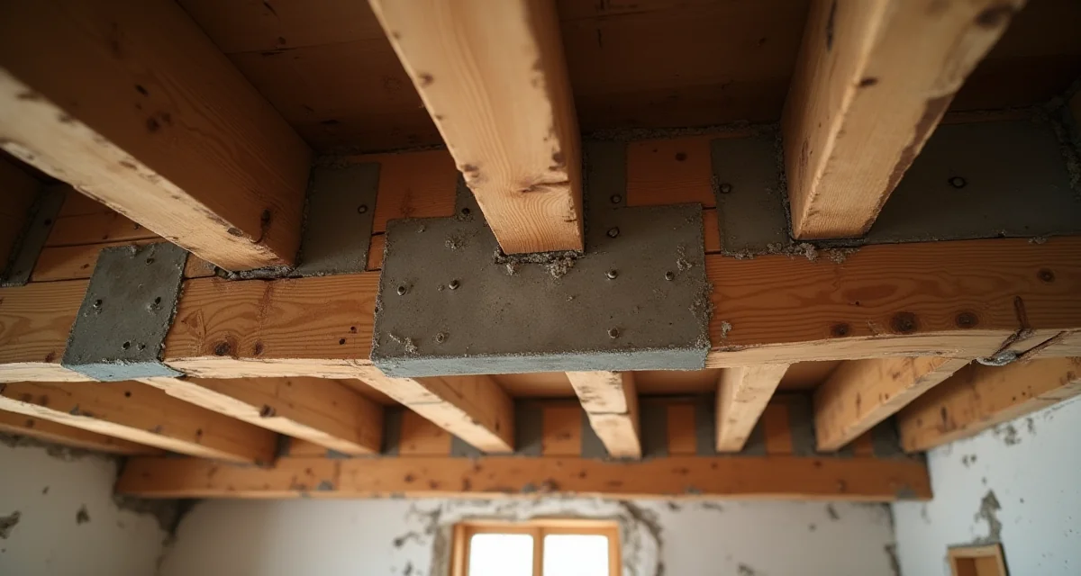 Travi di legno del solaio rinforzate con piastre e bulloni metallici in fase di ristrutturazione