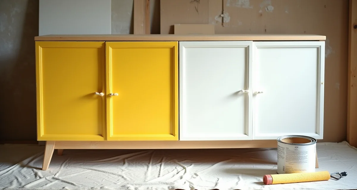 Armadio in formica vintage con ante levigate e primer bianco su telo protettivo
