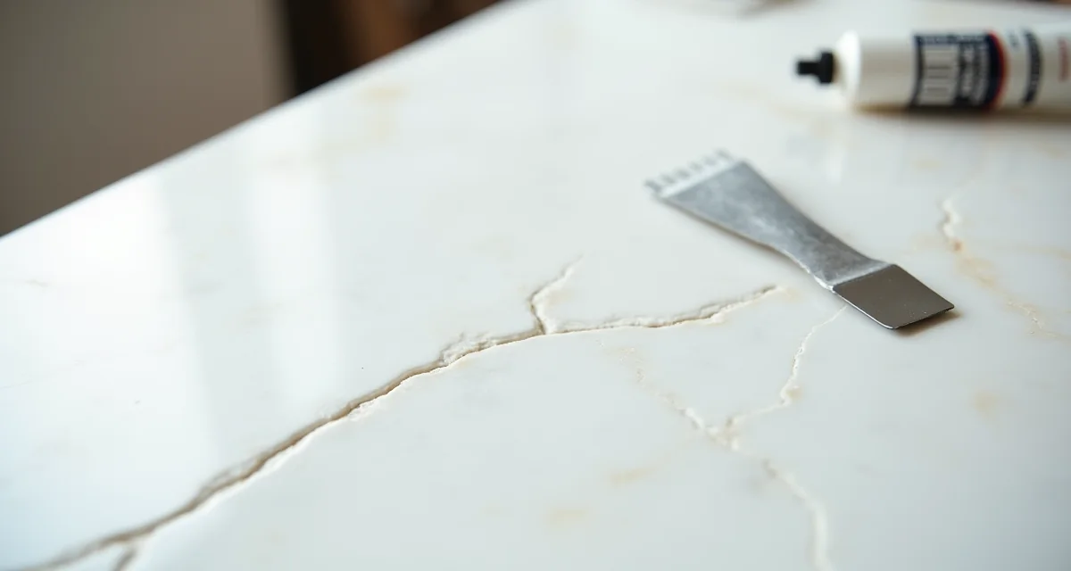 Tondino di stucco e spatola accanto a una lastra di marmo bianco Carrara con crepa visibile