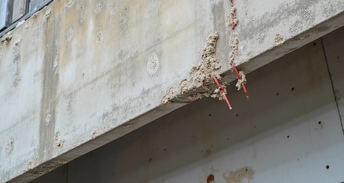 Trave in calcestruzzo armato con armatura arrugginita trattata e malta di ripristino applicata