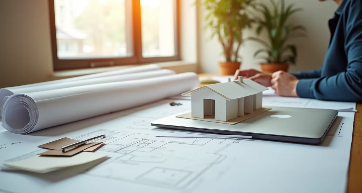 Scrivania di studio architettonico con piante arrotolate, modello scala casa e campioni materiali sotto luce naturale