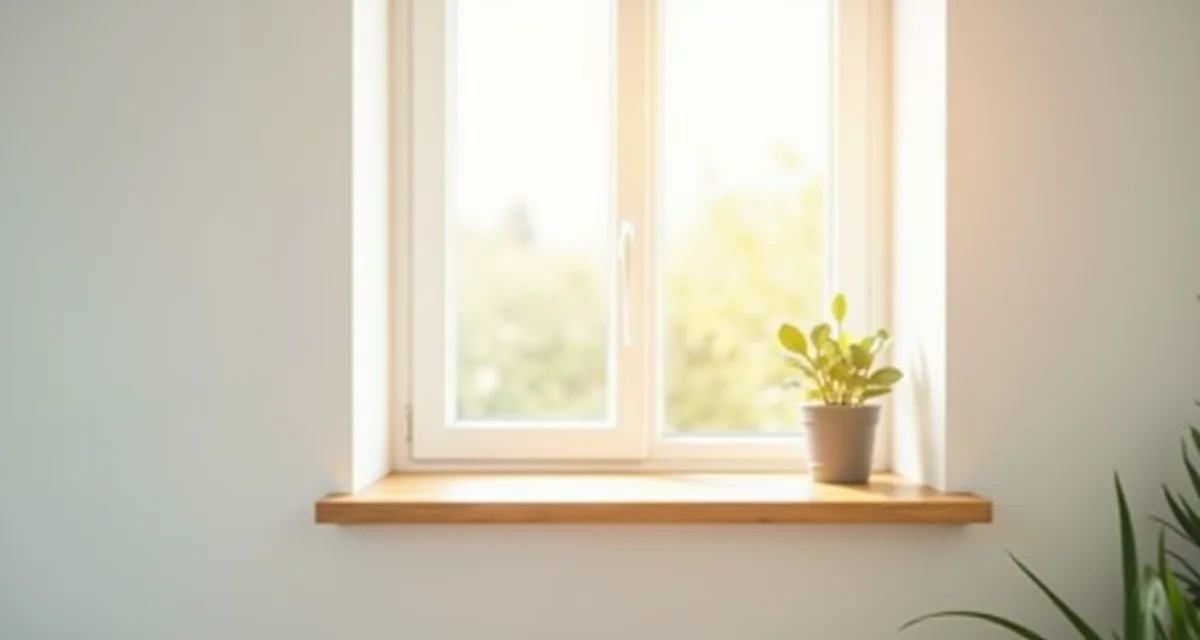 Davanzale interno in legno chiaro sotto una finestra moderna con pianta e luce solare su parete bianca