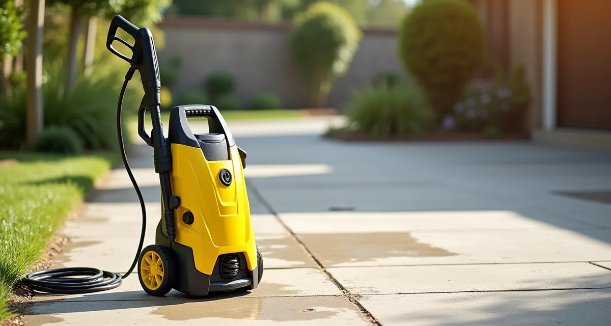 Idropulitrice elettrica gialla con lancia e tubo su un vialetto parzialmente pulito in una giornata di sole