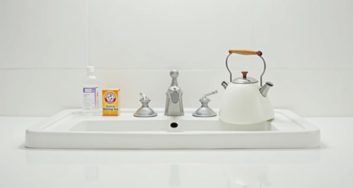 Lavandino in ceramica bianca con bicarbonato, aceto e bollitore per lo sgorgo naturale