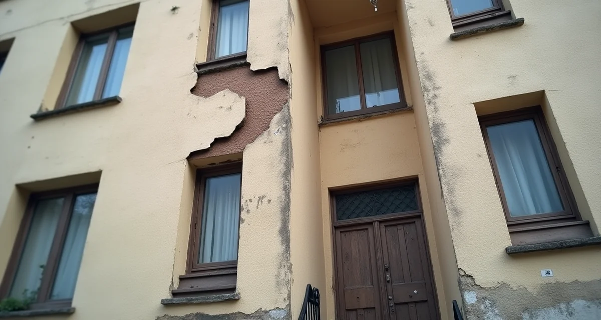 Edificio in muratura con fessura diagonale e fissatore di fessure per monitoraggio vulnerabilità sismica