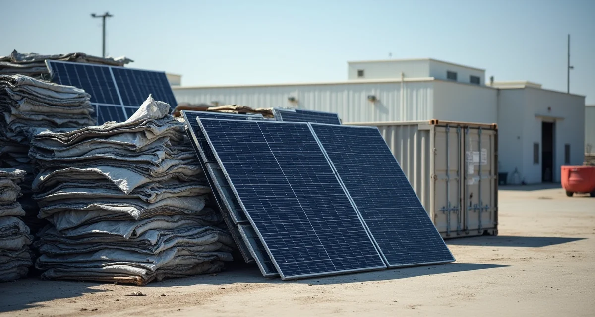 Pila di pannelli fotovoltaici usati presso un impianto di riciclaggio industriale in piena luce diurna
