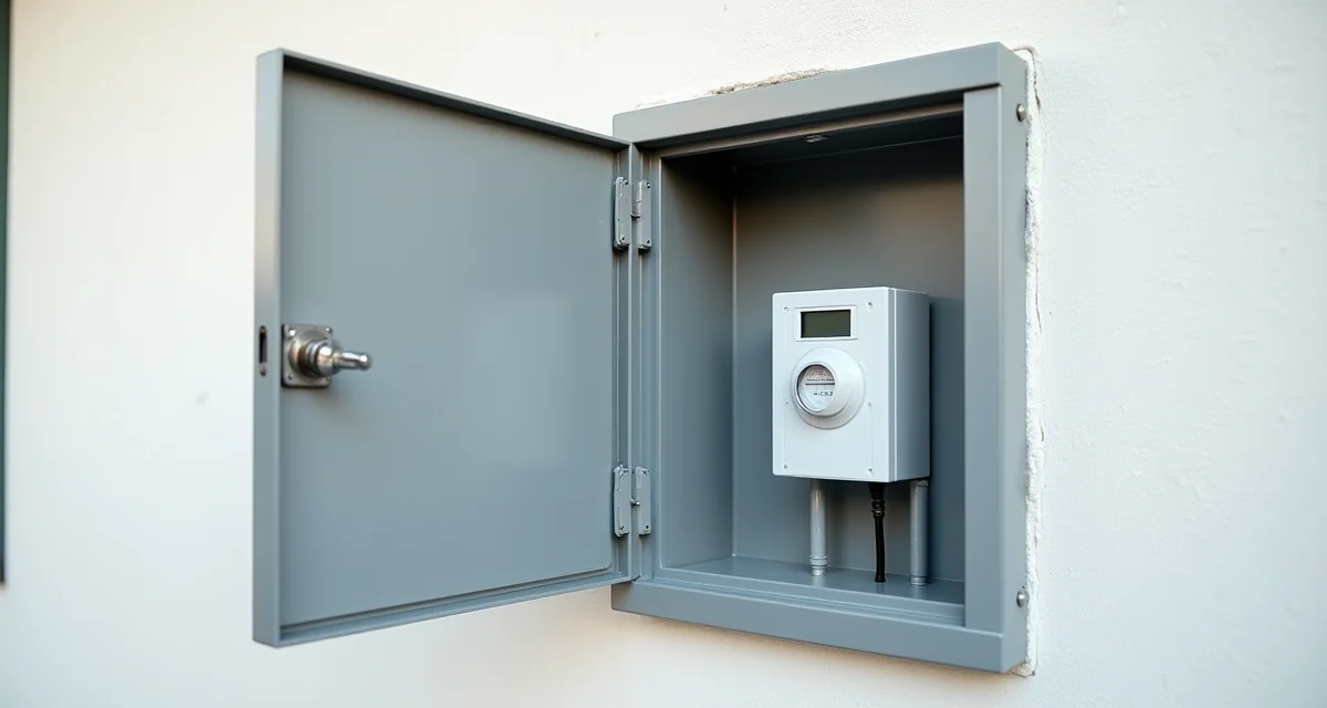 Armadio elettrico grigio aperto su parete esterna che ospita il contatore della luce bianco