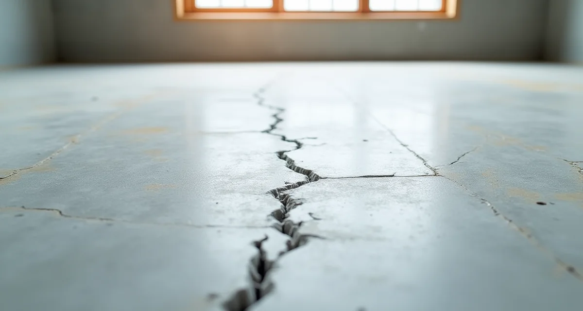 Primo piano di un massetto in cemento con crepe da ritiro sulla superficie grigia