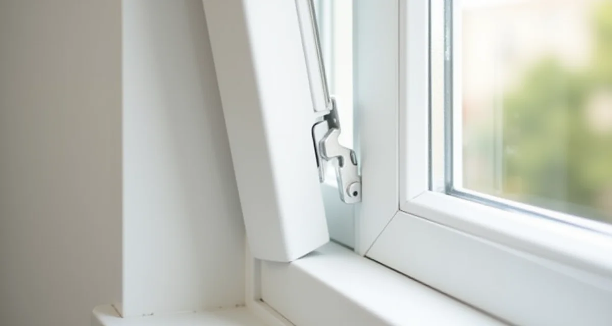Anta in pvc bianco di finestra con anta ribalta sganciata dal cardine superiore con maniglia e meccanismo metallici visibili