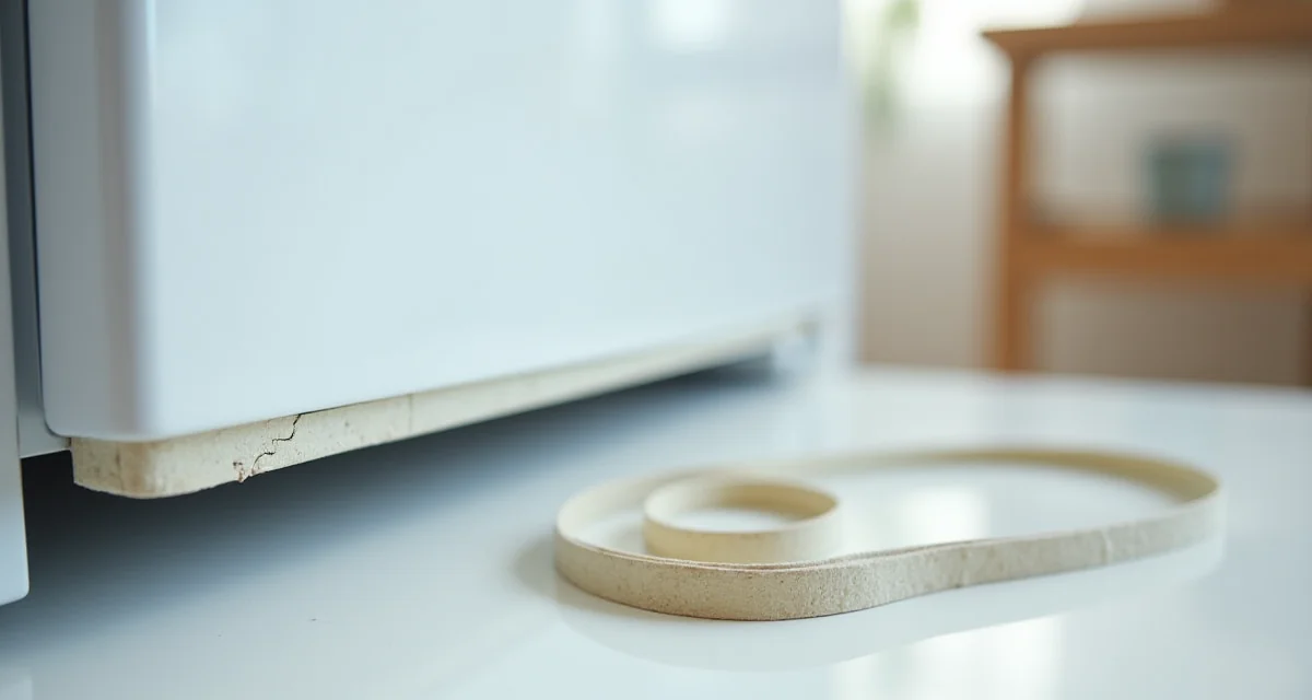 Guarnizione usata e crepata del frigo accanto alla nuova guarnizione di ricambio su un piano da cucina luminoso