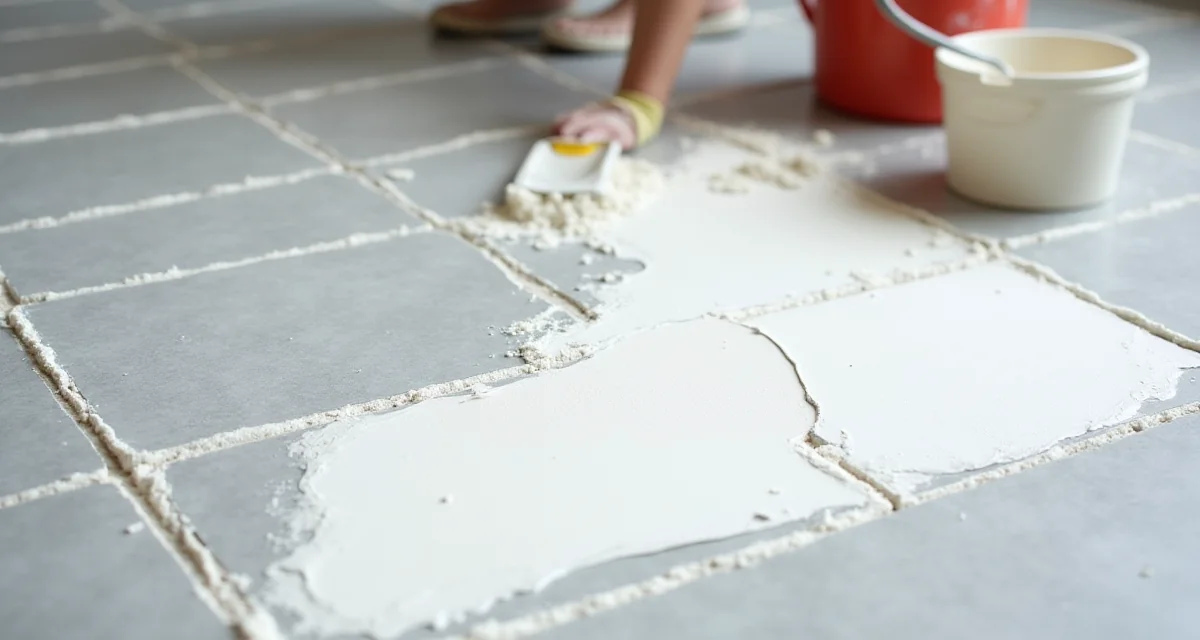 Stuccatura di piastrelle grigie con stucco bianco e spatola in gomma